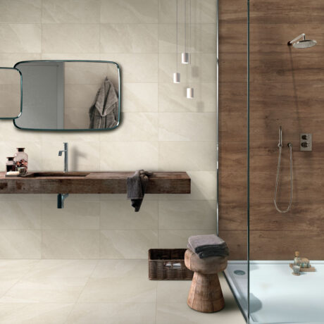 Modern bathroom with grey and brown tiles, seamless, luxurious i